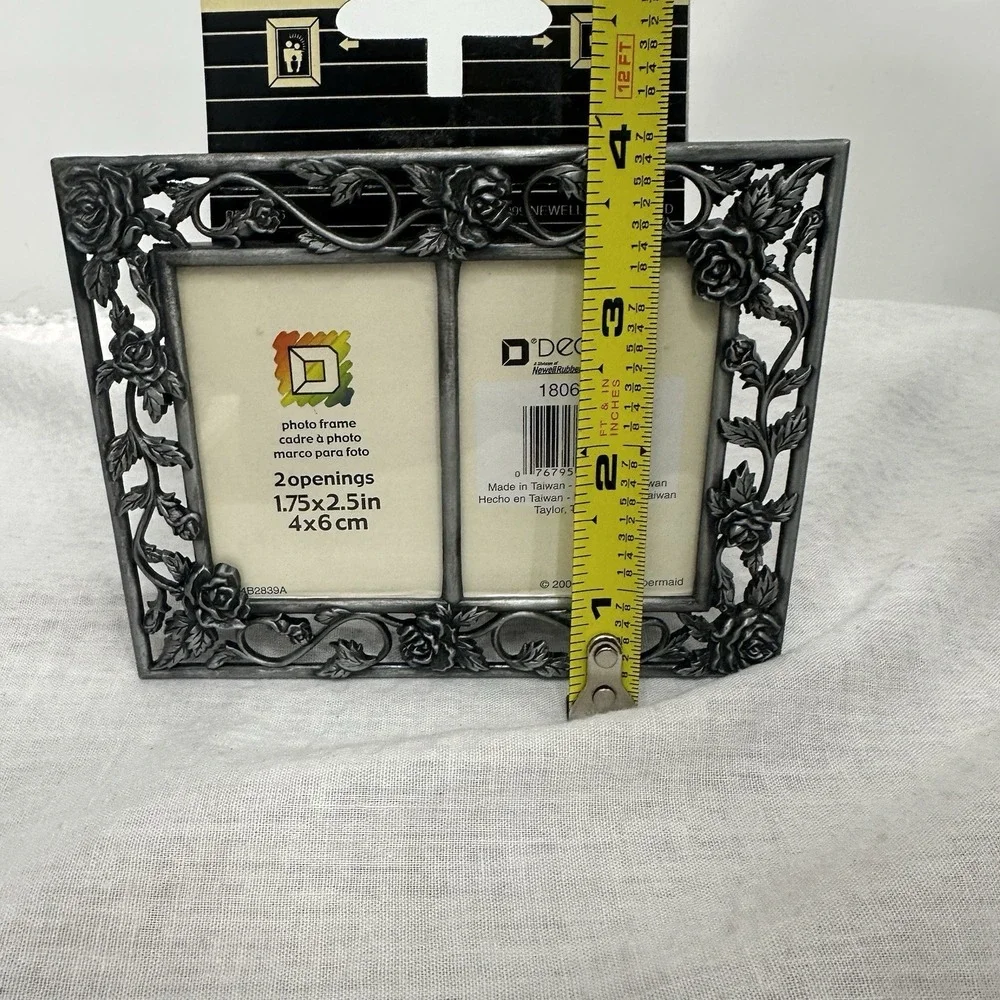 Double Ornate Picture Frame Metal Antiqued Silver Rose Floral Tabletop 1.75x2.5
